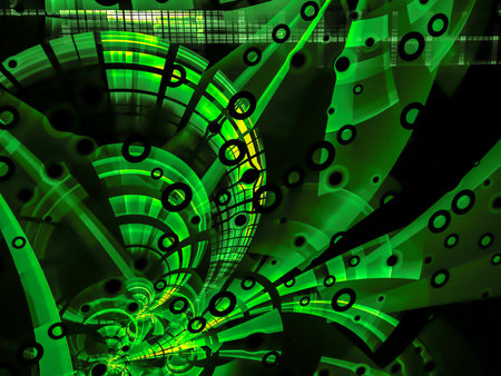 Abstract green computer-generated image in technology style on dark background with sphere, pipes, rings, holes and highlightsの写真素材