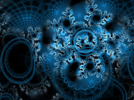 Abstract digital generated image of blue pattern of grids, circles and curls on a black backgroundの写真素材