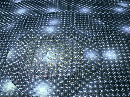 Abstract blue metallic computer-generated background textured surface with dots and glowing circles....