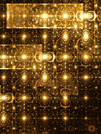 Abstract digitally generated golden image pattern of randomly distributed circles and rectangles. Fractal background with glowing elements for banners, posters, covers.の写真素材