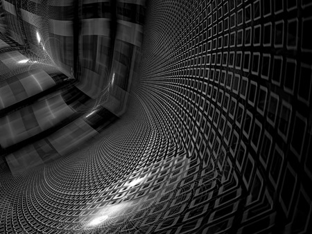 Technology background - abstract computer-generated image. Fractal geometry - diagonal tunnel, glossy surface with cells and stripesの写真素材