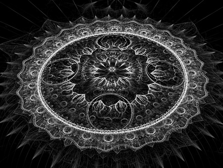 Abstract fractal mandala flower - computer-generated image. Digital art: complex mystical pattern - circles and curves with light effects.の写真素材