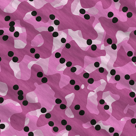 Abstract camouflage pattern - computer-generated image. Chaos spots and stains. Classic camouflage in pink colors with black dots. For prints, backdrops, covers.の写真素材