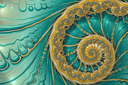 Abstract fractal background marine theme. Digital art: golden spiral on wavy background. For cards, covers, posters. Computer-generated imageの写真素材