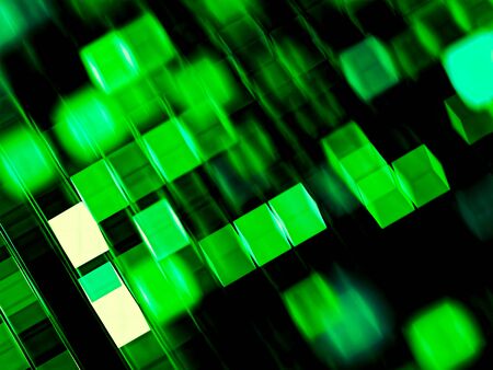 Blurred flying cubes - abstract technology background. Fractal geometry: chaos glossy square - computer-generated image. For covers, posters, web design.の写真素材