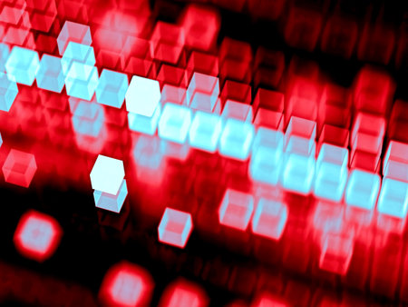 Abstract tech background - computer-generated image. Fractal geometry: blurred cubes, randomly placed and in rows. Technology or business background.の写真素材
