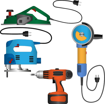 Vector set of power tools with wires: planer, jig saw, electric screwdriver, angle grinder. Equipment for repair and construction. Cartoon style coloured icons.のイラスト素材