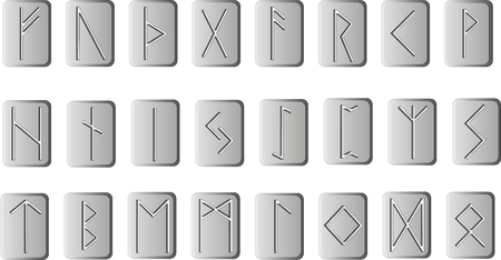 Vector set of runes on rectangular plates. Rune alphabet - futhark. Writing ancient Germans and Scandinavians. The mystical symbols. For design projects esoteric and occult themes.のイラスト素材