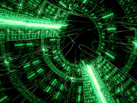 Technology portal - abstract computer-generated image. Fractal geometry: round structure with chaos lines and curves. For covers, web design, posters.の写真素材