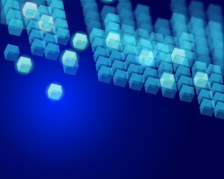 Technology vector backdrop with copy space - group of white flying cubes on a blue background. Perspective composition with light effects. For banners, flyers, posters.のイラスト素材