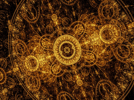Abstract golden pattern of circles and curves, like a translucent dial with a clockwork. Fractal art - computer-generated image. Mystic, technology or esoteric background.の写真素材