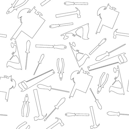 Vector pattern in flat style - hand tools for repair and woodwork. Instruments outlines - a screwdriver, a hammer, a saw, pliers, a plane, a circular saw - randomly. For backdrops and wrapping paper.のイラスト素材