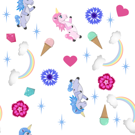 Seamless pattern with unicorns, rainbow, cloud, stars and ice cream. Vector illustration in cartoon style. Love, Valentine's Day or fairy tale theme. For backdrops, fabric prints, baby clothes.の写真素材