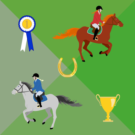 Female riders in sportswear: hacking jackets, breeches, boots and helmets. Riders gallop on horses. Equestrian theme composition with rosette and cup.のイラスト素材