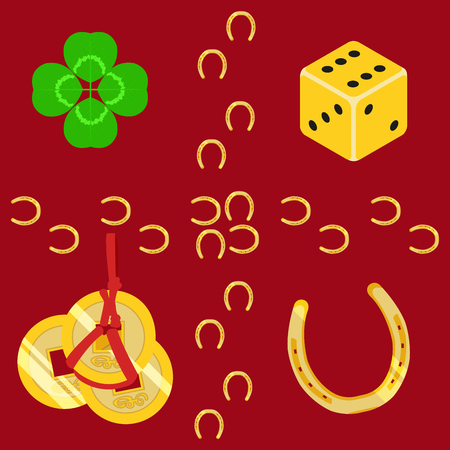 Luck symbols clover, hinese coins, dice and horseshoe. Vector seamless pattern or set of graphic design elements. Flat style objects.のイラスト素材