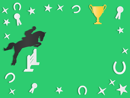 Silhouette of a rider on a horse jumping over an obstacle - vector background with copy space. Equestrian background with copy space. For business cards, posters of competitions, coversのイラスト素材