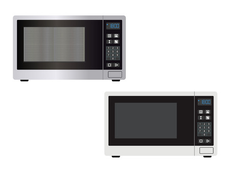 Abstract microwave front view with the door closed and controls - vector illustration or graphic design element. Kitchen equipment image isolated on a white - simple outlines and with light and shade.のイラスト素材
