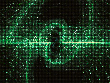 Abstract green vector illustration with futuristic structure in technology style. Digital art: design of waves and curves consist of halftone glowing dots. For covers, posters, bannersのイラスト素材