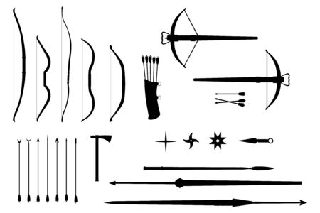 Silhouettes of throwing weapons of different countries and eras - vector set. Bows and crossbows, arrows and spears, tomahawk and shurikens. Black silhouettes on a white background.のイラスト素材