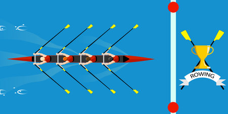 Rowing competition, the team wins the regatta. Coxless quadruple scull rowing boat comes to the...