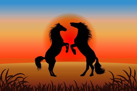 Romantic horse background - two stallions reared against the sunsetのイラスト素材
