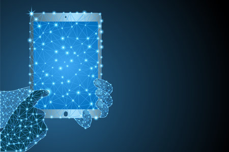 Hands holding tablet low poly wireframe and lights