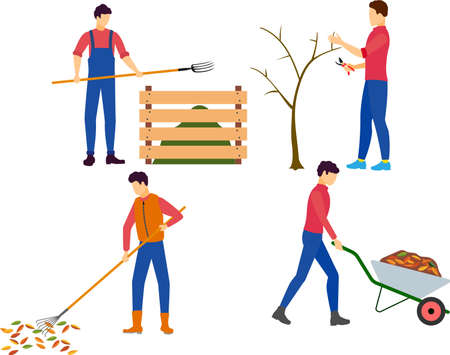 People working in garden in autumn cartoon flat vector illustrationのイラスト素材
