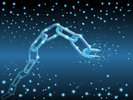 Metal glowing chain surrounded by luminous dots and a light meshのイラスト素材