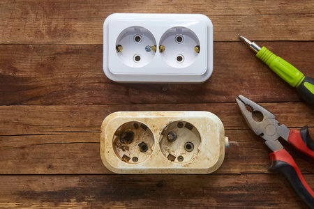 Burnt out electrical outlet and new to replace on a wooden background