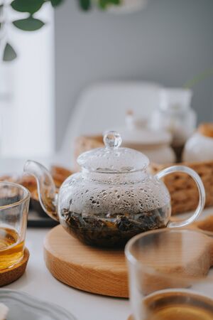 Viennese waffles with strawberries and bananas. Beautiful breakfastの写真素材