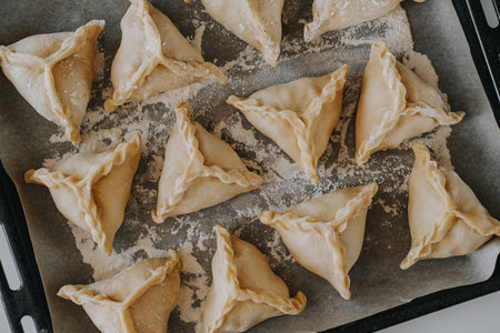 The girl pushes a baking tray with pies into the oven. National dishの写真素材