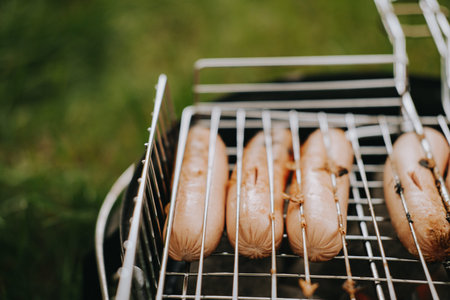 Grilled meat sausages on a grill. Picnic in the fresh air