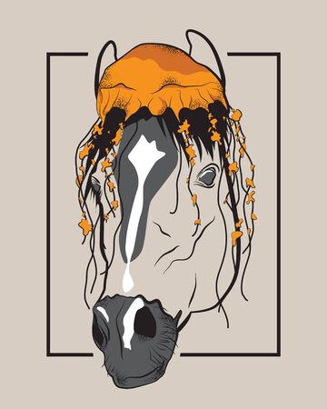 Horse with jellyfish on its head. Creative vector drawing in black frameのイラスト素材