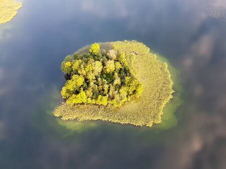 Island in the lake. Little green land in the middle of the water. Aerial view at tiny island.の写真素材
