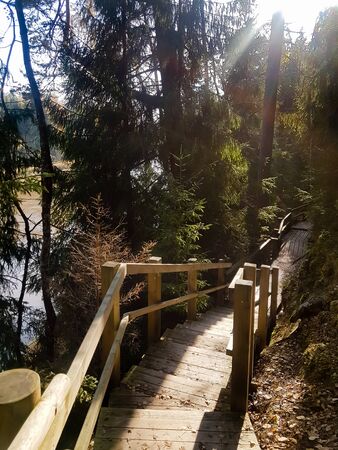 Hiking trail at the national park in Latvia. Wooden stairs above the river. Autumn in Latvia. Tourist spot.の写真素材