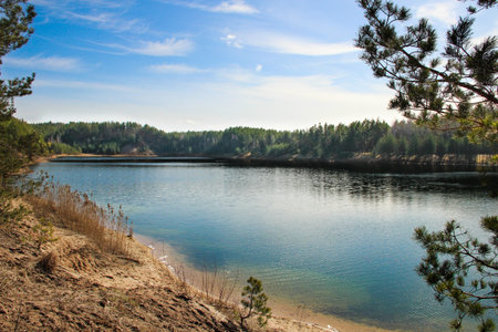 Forest lake panorama in a sunny day. Beautiful turquoise lake surrounded with forest in nature park...