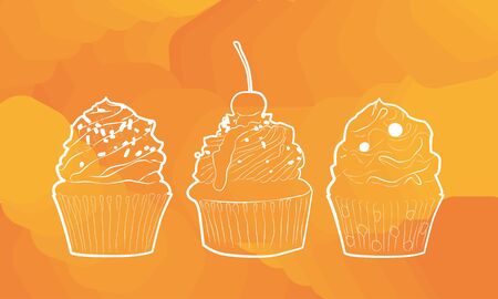 A vector set of cupcakes with different frosting on top. Three silhouettes of hand drawn cupcakes with a cherry berry on top of one. Different muffin contours.のイラスト素材