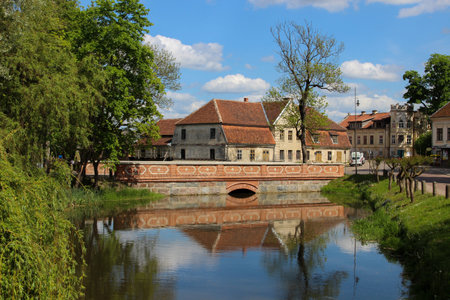 May 27, 2016. Kuldiga, Latvia. Brick bridge at the street Baznicas.のeditorial素材