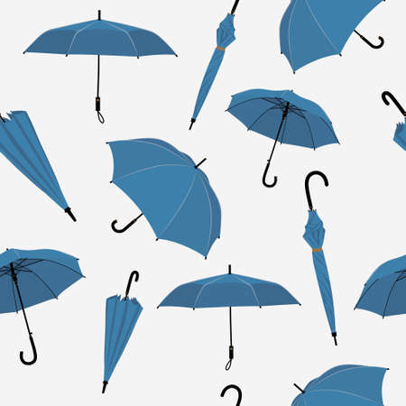 Umbrellas set in various shapes. Blue umbrella seamless pattern. Stick umbrella.のイラスト素材