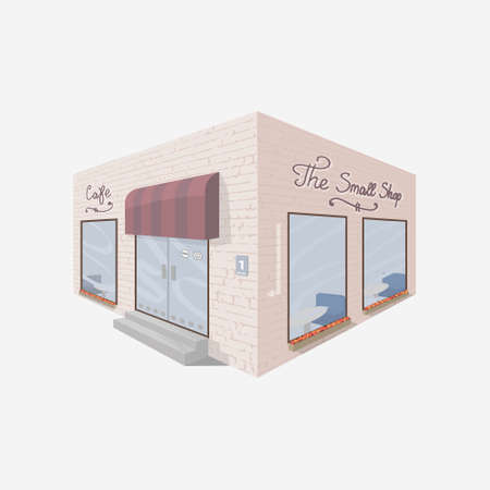 Small shop building facade. Pink brick cafe. Isometric shop building. Cute cafe.のイラスト素材