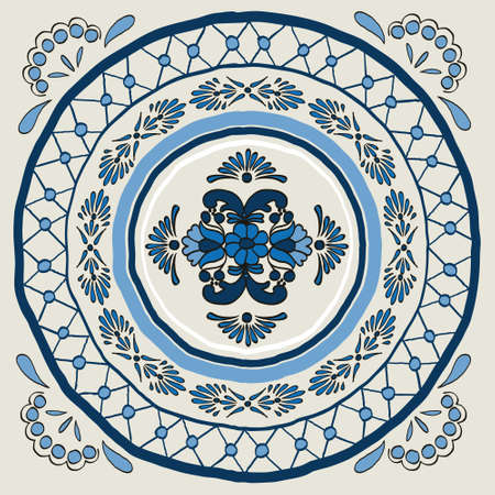 Pattern with traditional Mexican ceramic motifs. Stylized Moroccan mosaic. Tile ornament in indigo color. Seamless blue ornament with swirls.のイラスト素材