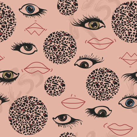 Feminine pattern with eyes and lips. Girly eyes and leopard print make a modern background. Vector pattern with romantic mood.のイラスト素材