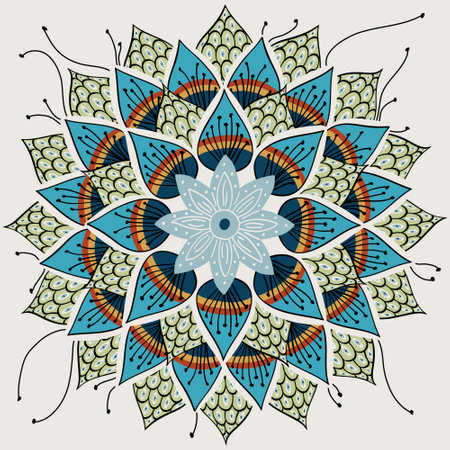 Aztec style simple ornament with leaves. Folk botanical pattern with outlines. Vegetation seamless pattern. Ornate floral mandala.のイラスト素材