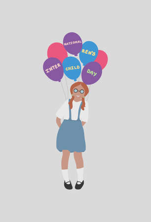 Happy children's day. International children's day. Girl standing with a bunch of balloons. Schoolgirl and helium balloons.のイラスト素材