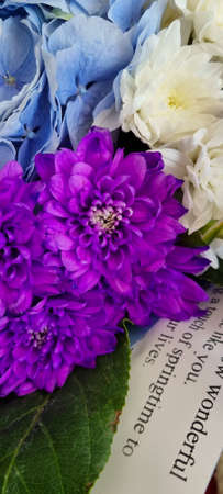 Purple bouquet for a special occasion. Flower composition with a variety of flowers. Bohemian birthday bouquet.の写真素材