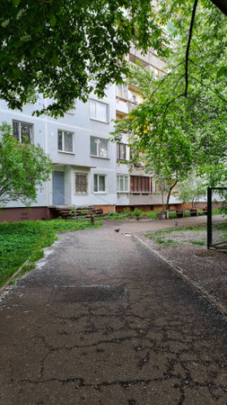 Sidewalk at the suburb that goes through blooming trees. Residential district with old soviet habitation. Path for a walk with no people around in the native neighborhood.の写真素材