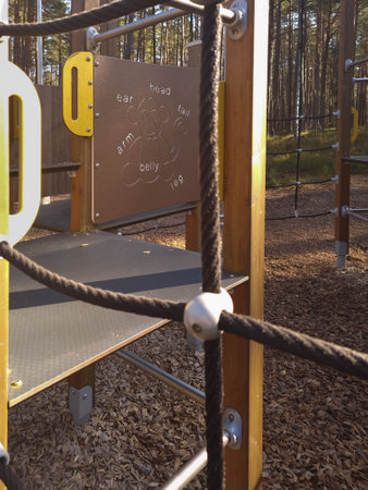 Children's playground in the spring forest. Logs and ropes. Educational desk at the local playground.の写真素材