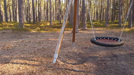 Children's wooden playground in the spring forest. Wooden swing in the foreground. Logs, chains, and ropes. Calmness at the local playground.の写真素材