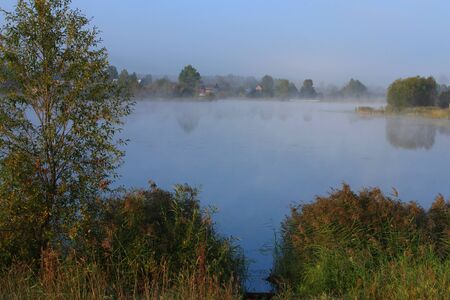 Photo of the fog over the surface of the pond from the shoreの写真素材