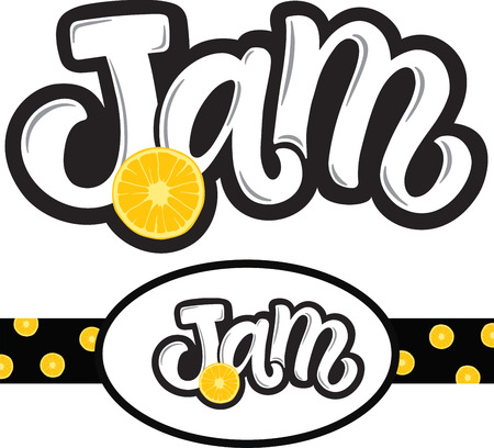Handwritten title for jam with orange illustration and label for pack with this logoのイラスト素材